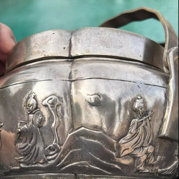 Antique Chinese White Bronze Hand Warmer Signed, Ornate Relief Scene Qing Style - Picture 6 of 12